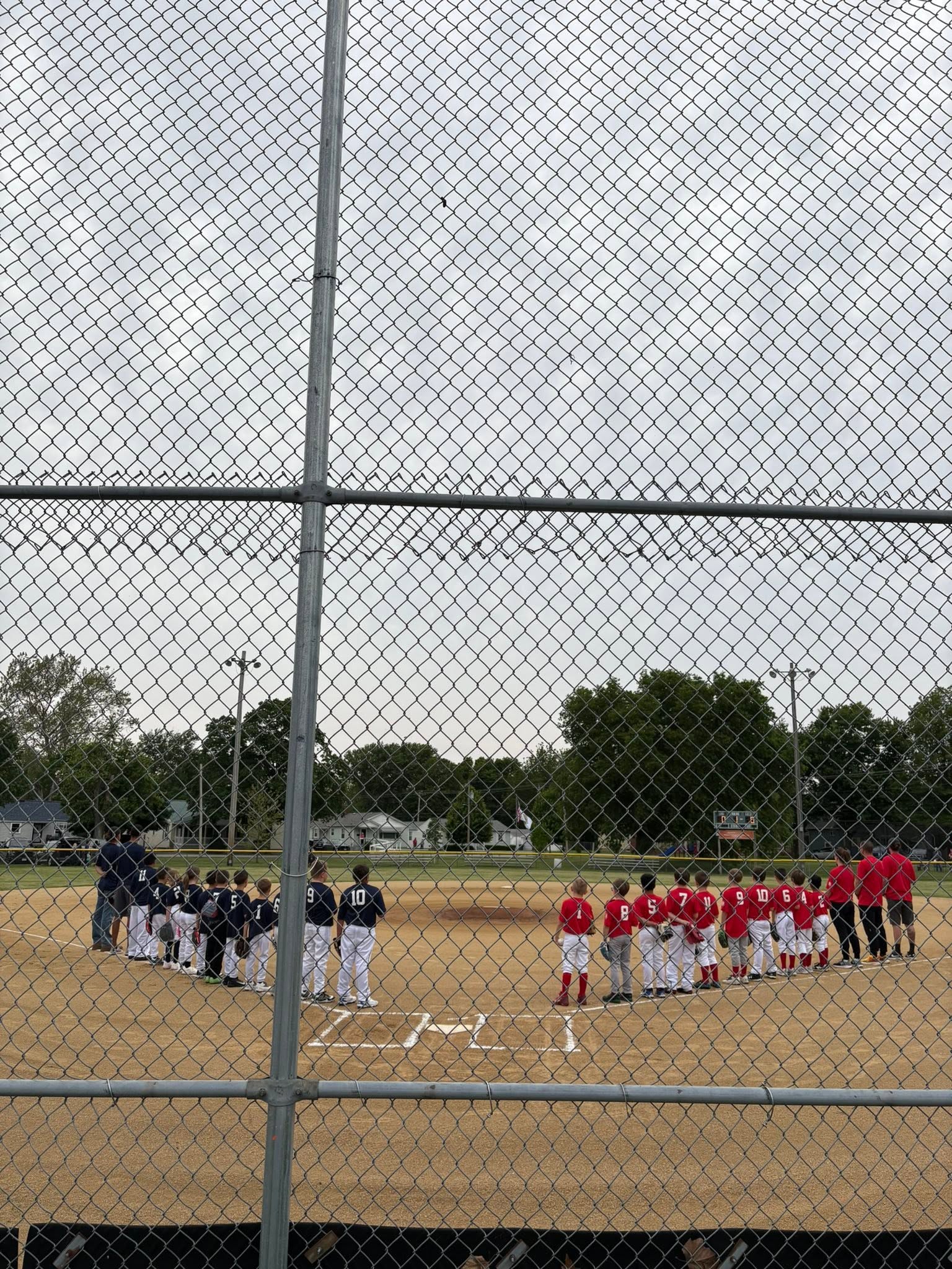 Two teams lined up along the baselines before a game